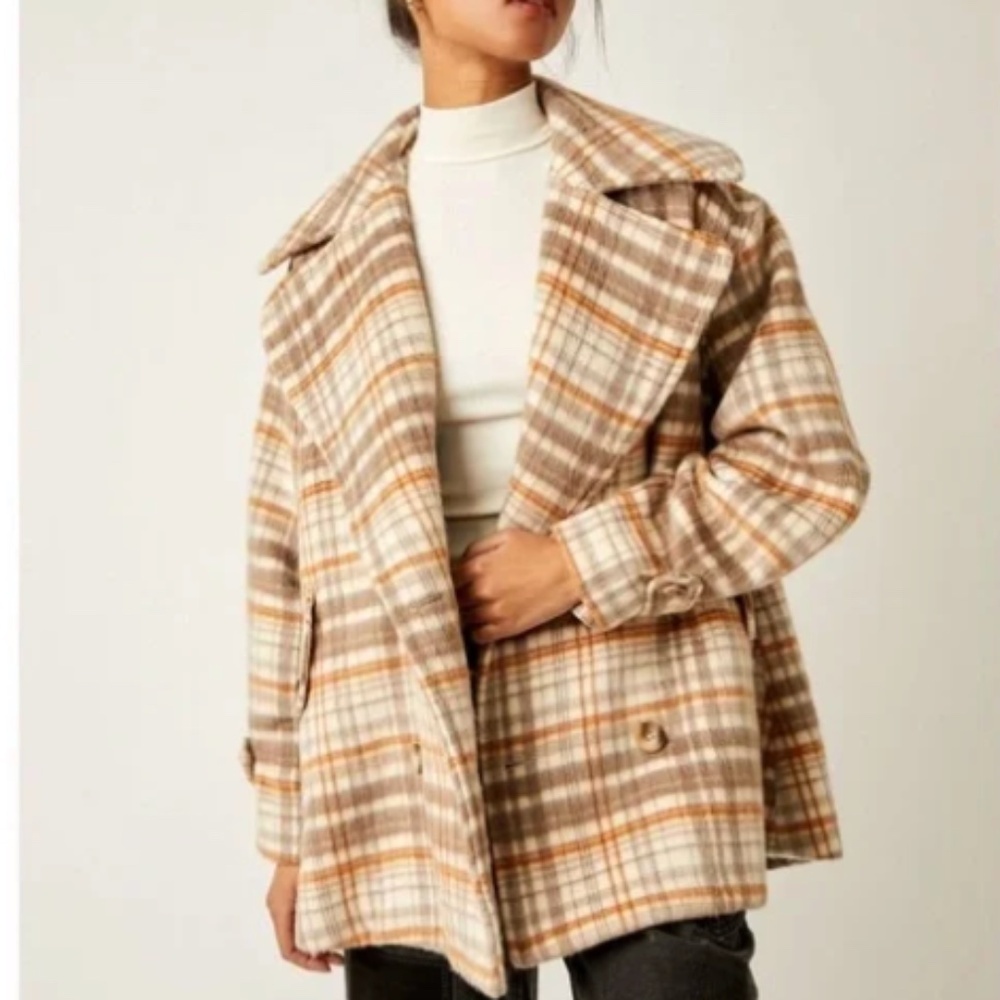 NWT Free People Highlands Wool Plaid Peacoat size X-Large Neutral